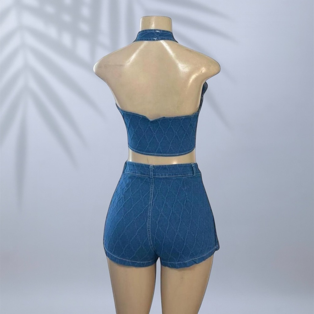 Denim Halter V-Neck Vest and Pleated Mini Skirt 2-Piece Set ✧ M - Picture 6 of 6